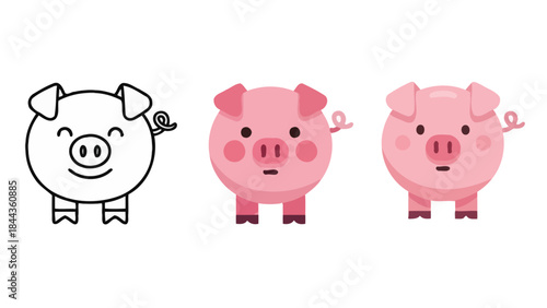 Cute Piggy Characters: Outline, Flat Design, and Detailed Illustration
