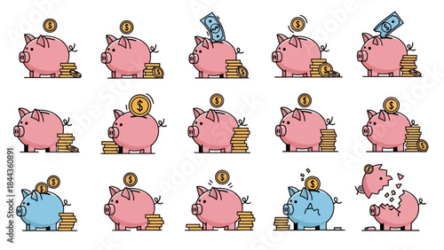 Set of Piggy Banks with Coins and Bills Illustrating Savings and Financial Growth Concepts