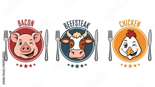 Cartoon Faces of Pig, Cow, and Chicken with Meat Labels and Utensils