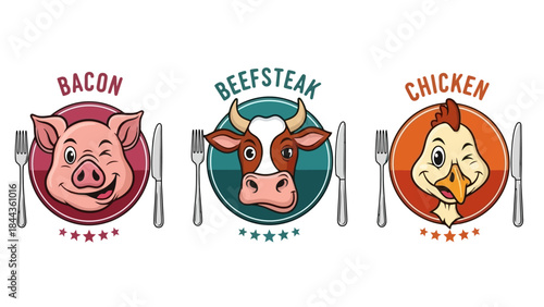 Cute Cartoon Meat Icons: Pig, Cow, and Chicken Faces with Utensils and Stars