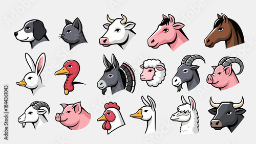 Diverse Farm and Pet Animals Collection Set, Flat Design Vector Illustration