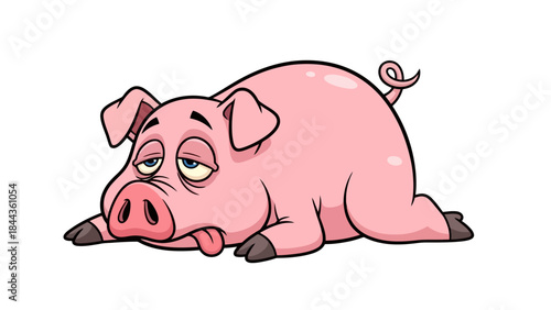 Tired Pink Pig Lying Down Exhausted with Tongue Sticking Out, Cartoon Style