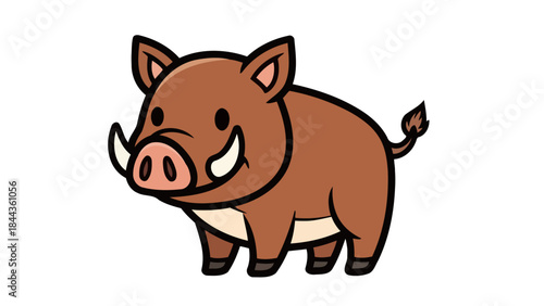 Cute Cartoon Wild Boar Character with Tusks and Friendly Smile, Vector Illustration