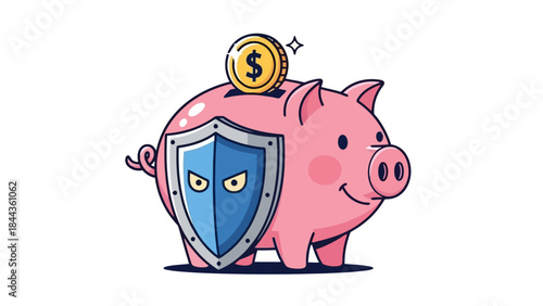 Pink Piggy Bank with Shield and Gold Coin, Symbolizing Financial Security and Savings