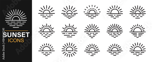 Vector sunset icon collection in editable stroke style