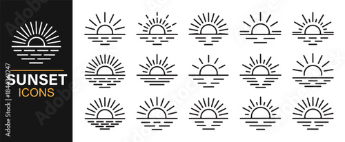 Minimal sun horizon illustrations with rays and calm sky elements