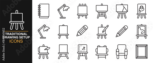 Outline icons showing classic drawing equipment and studio setups