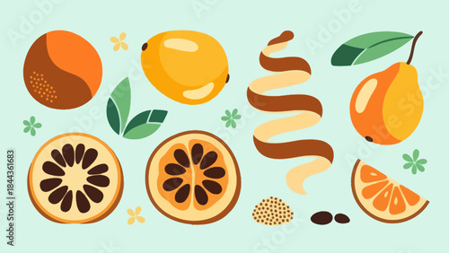 Colorful Illustration of Exotic Fruits and Natural Elements in Vibrant Style