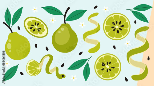 Colorful Pattern of Pears and Sliced Fruit with Green Leaves and Curvy Elements