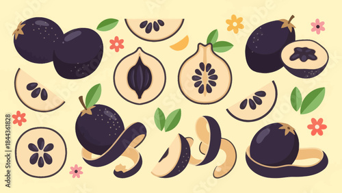 Colorful Digital Illustration of Ripe Blackcurrants and Sliced Fruits with