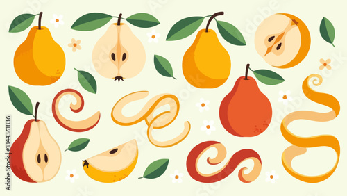 Stylized Illustration of Pear Fruits with Leaves and Organic Elements