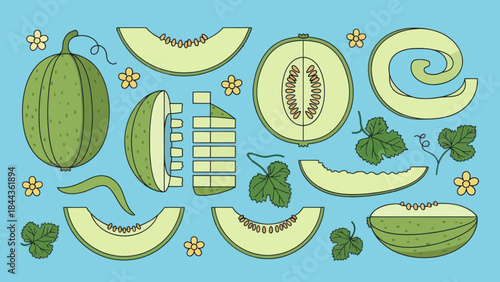 Colorful Illustration of Various Melons and Foliage in Flat Design Style