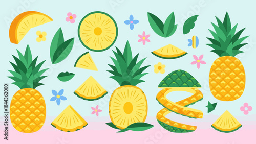 Vibrant Scene Featuring An Assortment of Fresh Pineapples and Tropical Elements