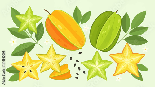 Colorful tropical fruits and star-shaped slices with green leaves vibrant