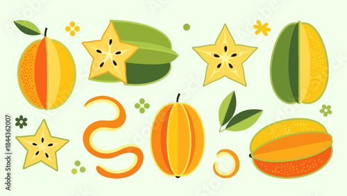 Colorful tropical fruits and starfruit slices vibrant flat illustration