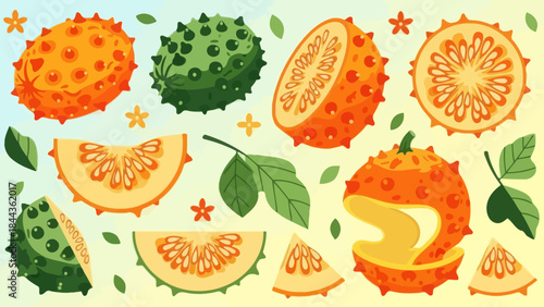 Colorful Illustration of Fruit Variations Including Lychee and Kumquat