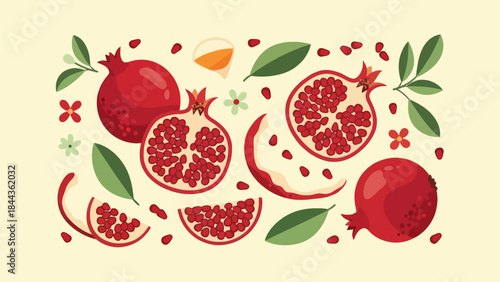 Vibrant Illustration of Pomegranate Fruit with Leaves and Seeds in a Fresh