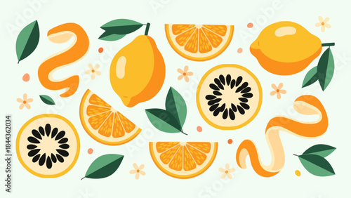 Vibrant Illustration of Fresh Citrus Fruits and Exotic Fruits with Green Leaves