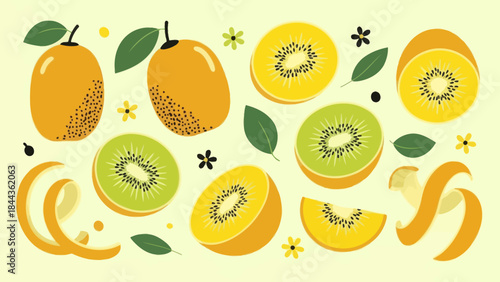 Vibrant Illustration of Mixed Exotic Fruits Including Kiwi and Mango