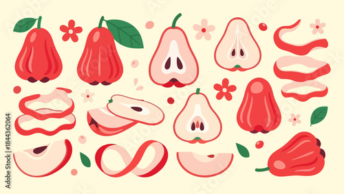 Stylized Illustration of Bunches of Red and Pink Pears with Leaves and Flowers