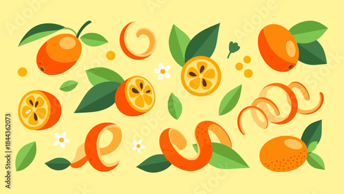 Bright and Fresh Citrus Fruit Pattern with Leaves and Decorative Elements for
