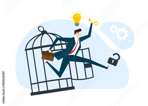 Businessman breaking free of cage to freedom stock illustration