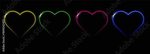 A set of multicolored glowing laser heart-shaped frames isolated on a black background. Abstract vector illustration.