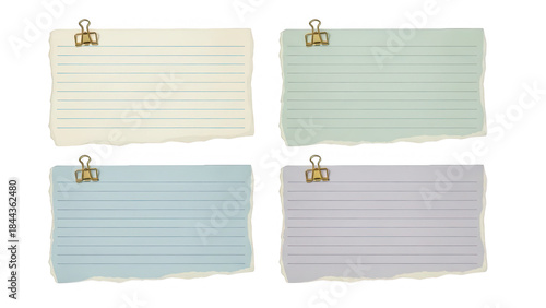 Set of four colorful paper notes with binder clips