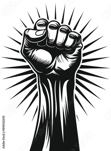 Raised Clenched Fist Vector Illustration – Black and White Symbol of Power, Strength, Unity, and Resistance in Minimalist Graphic Design
