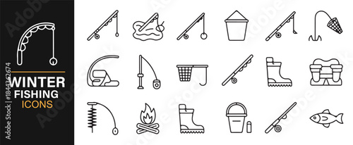 Minimal winter fishing symbols showing rods, tools, and snow elements