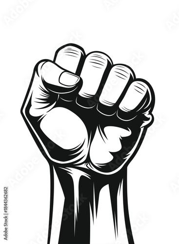 Raised Clenched Fist Vector Illustration – Black and White Symbol of Power, Strength, Unity, and Resistance in Minimalist Graphic Design
