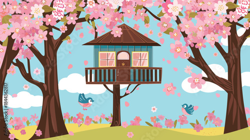 Spring blossom treehouse hidden among cherry trees surrounded by soft pink flowers, fresh green leaves and gentle sunlight, representing nature escape, fantasy architecture, peaceful spring landscape,