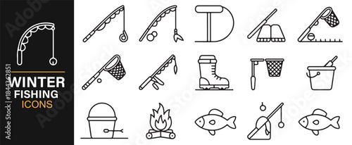 Modern vector ice fishing symbols for seasonal outdoor activities