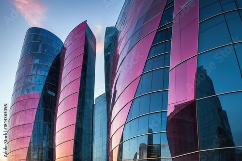 Modern buildings with reflective glass and curved designs in an urban setting at sunset