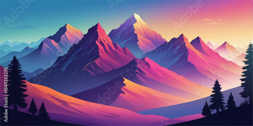 Mountain range illustration with warm sunset colors, smooth gradients, and immersive natural scenery.