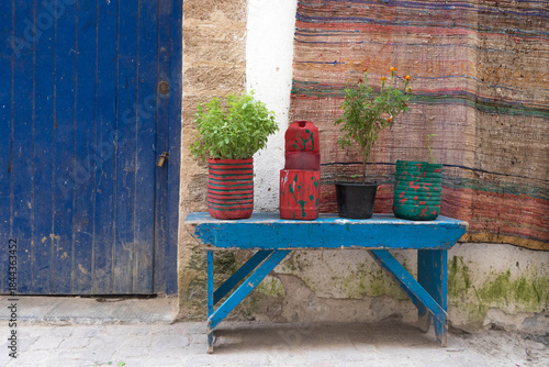 Rue d'Essaouira, porte bleue en bois, banc et plantes, tapis, Maroc
