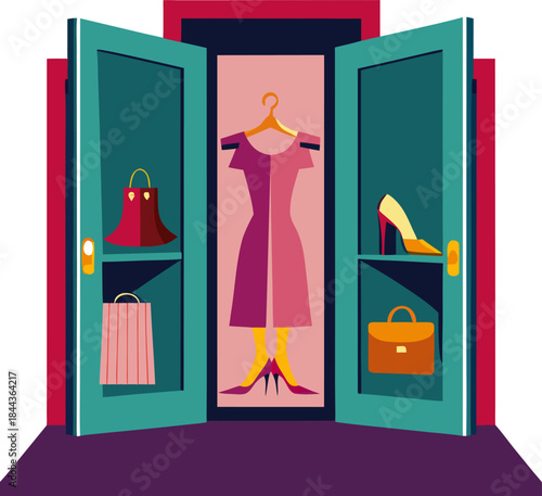 Closet doors opening to reveal a glamorous outfit and high heels