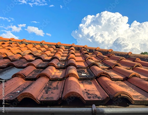 Orange tiled roof with black staining against a bright blue sky with a fluffy white cloud