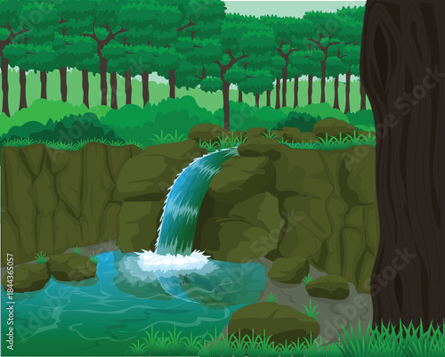 Vector design illustration of a waterfall view with cliffs and rocks around it which are slightly green because of moss and also shady and quite dense trees and grass
