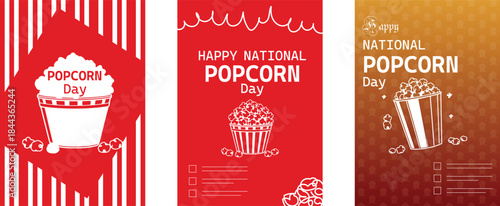 National Popcorn Day poster set with red themed popcorn illustrations and bold typography for festive promotion