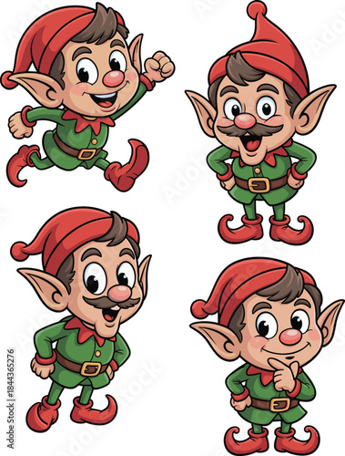 Cute Christmas elf character poses illustration, funny cartoon holiday helper expressions, festive winter mascot vector isolated on white background design