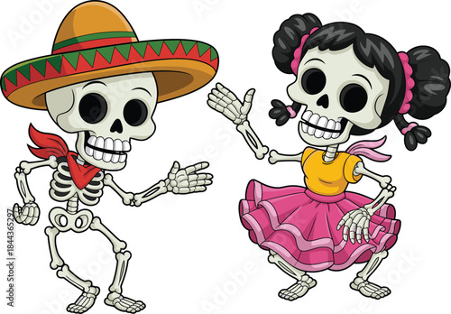 Cute dancing skeleton couple illustration, Day of the Dead characters wearing traditional clothes, funny cartoon Halloween vector isolated
