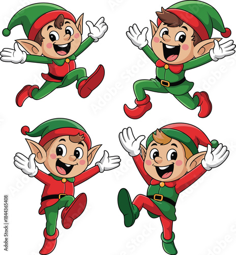 Cute Christmas elf characters illustration, happy cartoon holiday helpers jumping poses, festive winter design vector isolated on white background artwork