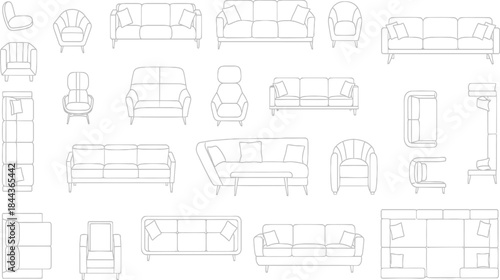 Seamless Sofa and Armchair Line Art Patterns, Interior Design, Graphic Illustration, Minimalist Style, Top View