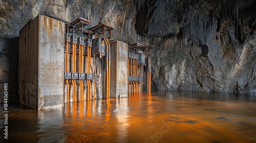 Flooded underground electrical substation with submerged equipment in a rocky cavern