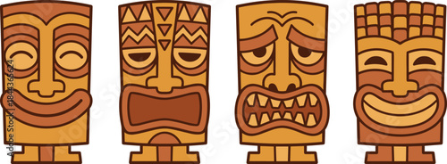 Set of four tiki totem mask faces with different emotions, cartoon tribal wooden idols isolated on white background illustration