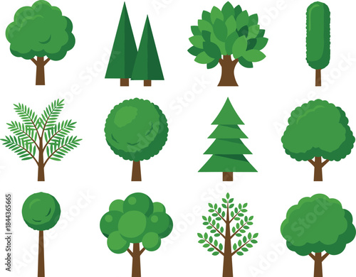 Stylized tree illustration set, diverse foliage, cartoon forest icons, nature clipart, vector tree shapes, graphic design elements, green trunks