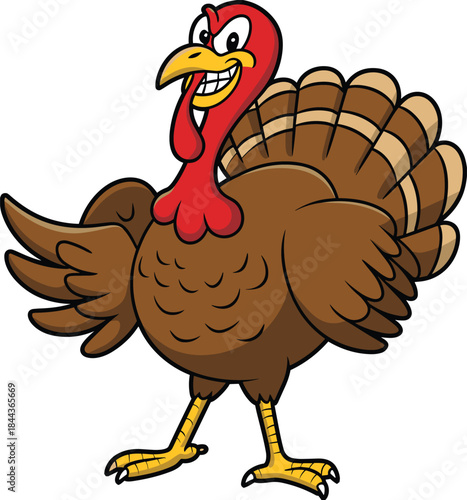 Angry cartoon turkey character grinning confidently with spread wings bold farm bird mascot illustration isolated on white background vector