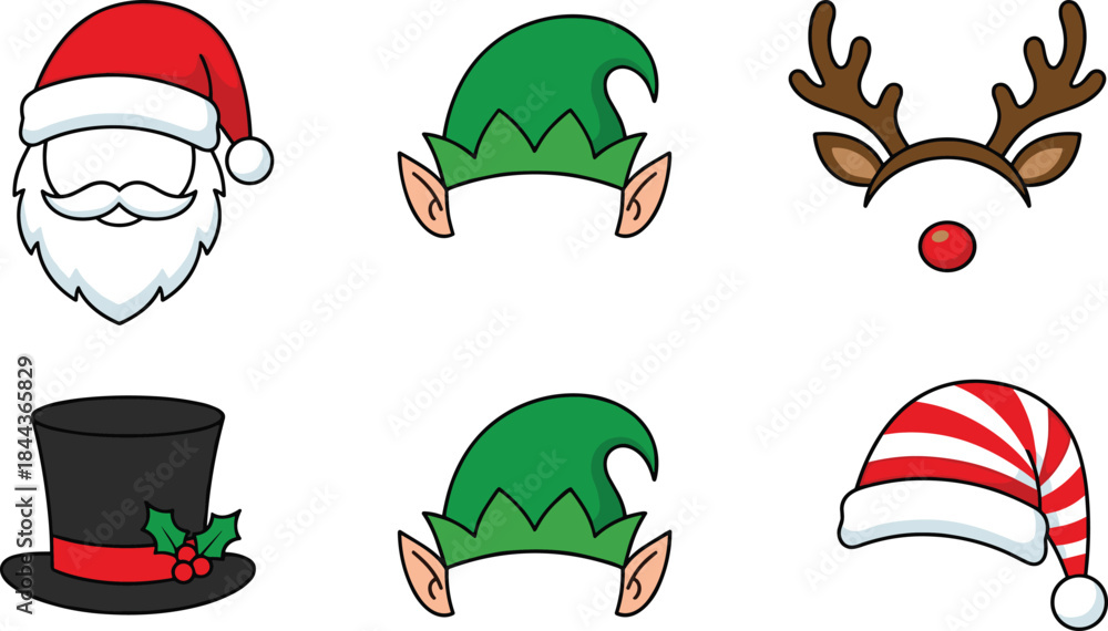Naklejka premium Christmas cartoon headwear, Santa hat, elf hat, reindeer antlers, holiday costume, festive accessories, winter clipart, seasonal vector illustration