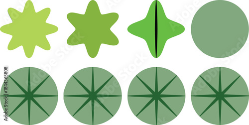 Top view abstract green plant and bush shapes collection simple foliage symbols for landscape garden design isolated on white